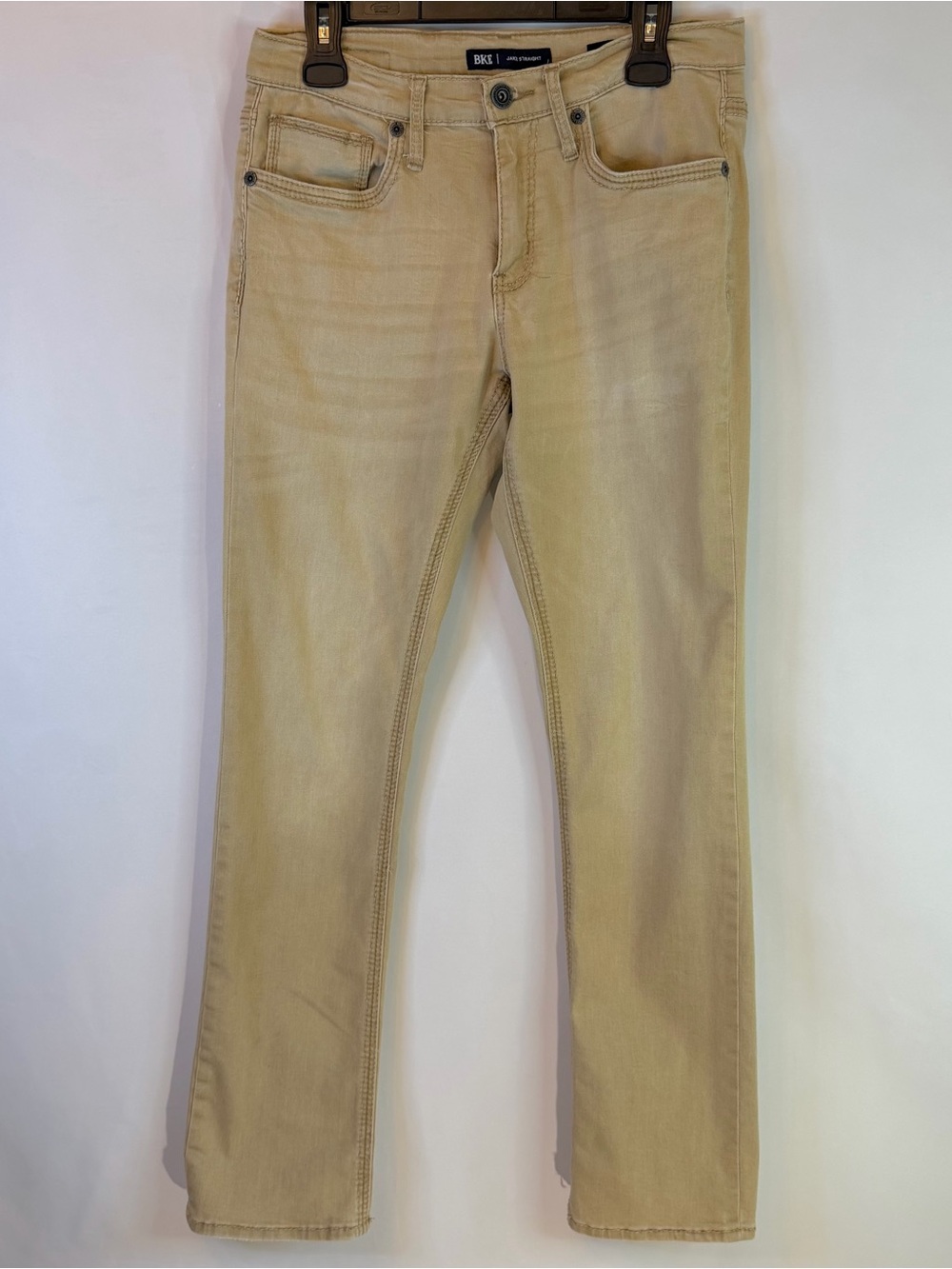 BKE Jake Straight Jeans Mens 31 x 32 Tan Khaki Sandwashed Denim Pockets Casual